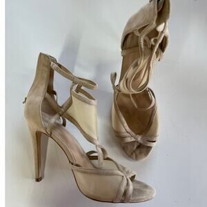 ALDO Heels Womens 9 Beige Faux Suede Open Toe Mesh Inset Strappy Stiletto Shoes